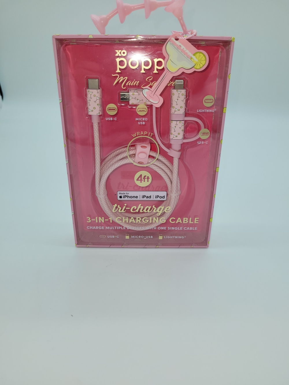 XO Popp Margarita Main Squeeze Pink 3-in-1 Charging Cable - 4ft